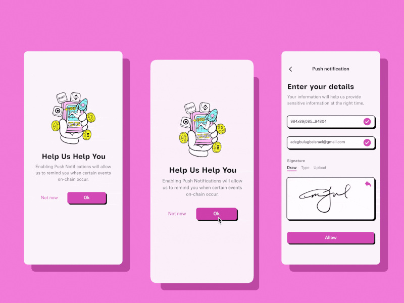 Opt-in Notification for Dapps animation design figma neubrutalism pink typography ui ux web3.0