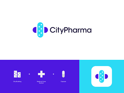 CityPharma Logo Design: City + Medical Cross Symbol + Capsule