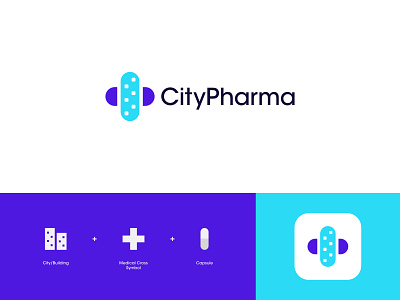 CityPharma Logo Design: City + Medical Cross Symbol + Capsule branding capsule city city logo clinic logo creative logo healthcare logo design logo designer medical cross medical logo medicine medicine logo modern logo pharma logo pharmacy pharmacy logo pill pill logo popular logo