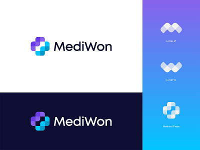 MediWon Logo Design: Letter M + Letter W + Medical Cross