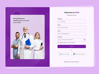 GYNE - Medical appointment platform | Signup Page app design finance medical signup ui ui design web