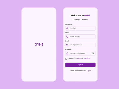 GYNE - Medical appointment platform | Signup Page | Mobile UI app appointment dashboard design doctor figma health medical mobile signup ui ui design