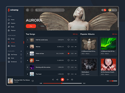 Winamp Music Player Redesign - Dark Theme dashboard design desktop interface minimalist music player redesign ui ui design uiux ux web app web design