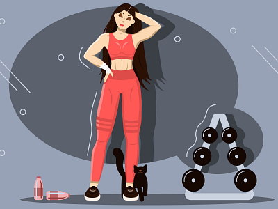 sports girl bodybuilding cartoon cat design girl healthy lifestyle illustration long hair sports sports logo sports nutrition training apparatus vector water bottle young