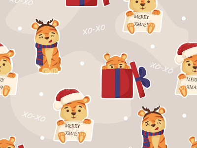 Pattern with tiger cartoon children gift illustration merry christmas new year pattern seammles tiger vector