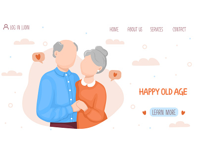 Web page design with elderly hugging couple grandmother