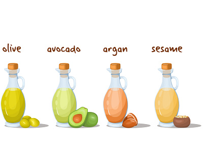 Set of organic oils in glass jugs