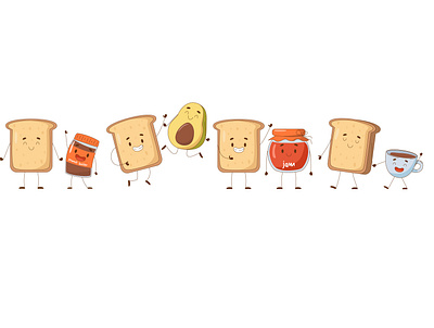 Cute cartoon character of toast bread and his friends avocado bread cartoon bread character bread toast children cup of coffe kawai mascot