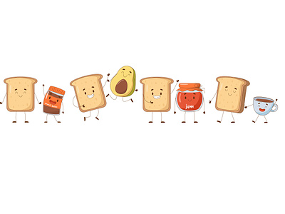 Cute cartoon character of toast bread and his friends avocado bread cartoon bread character bread toast children cup of coffe kawai mascot