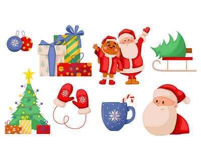 Set of New Year adobe illustrator cartoon children gift boxes illustration merry christmas mittens mug new year new year 2023 rabbit santa claus tree vector winter