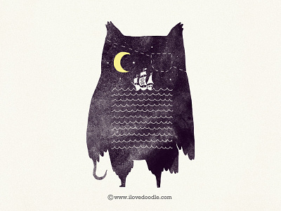 Pirate Owl illustration moon night owl pirate sea ship t shirt wall art