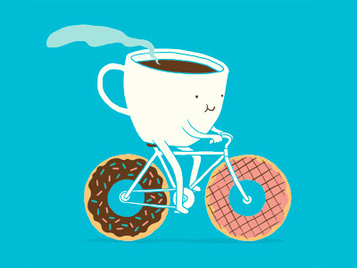 Coffee And Donuts art bicycle bike coffee cycling donuts doodle fun hitea humor illustration ilovedoodle lim heng swee poster print smile