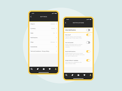 Settings #DailyUI #007 007 app colors dailyui design figma notifications settings store switch button ui ux uxdesign yellow