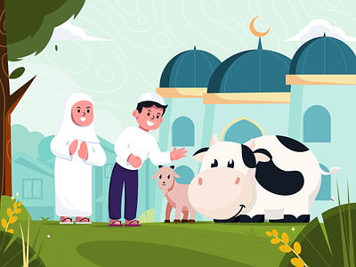 Happy Eid Al - Adha 1443H adha celebrating characters eid eid al-adha eid mubarak festival flat flat illustration hajj illustration moslem qurban vector