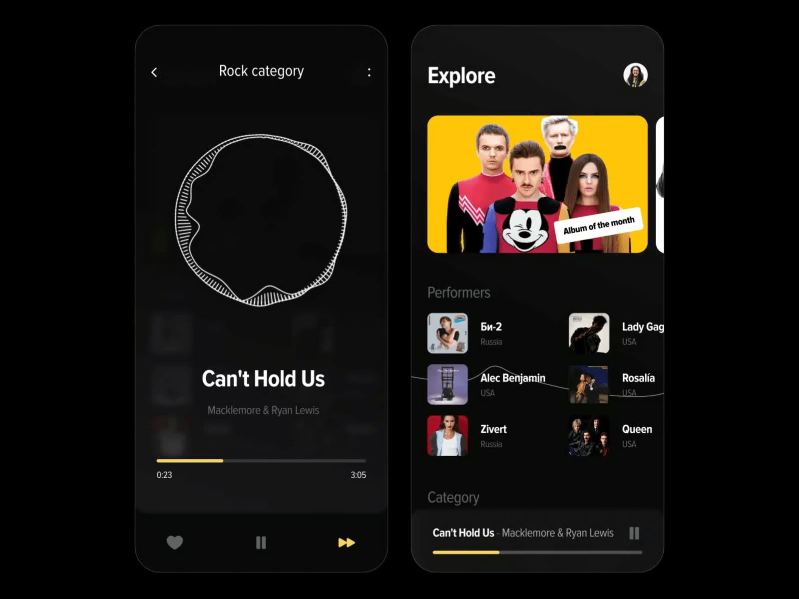 Music player concept aftereffects animation app dark theme design figma mobile music player