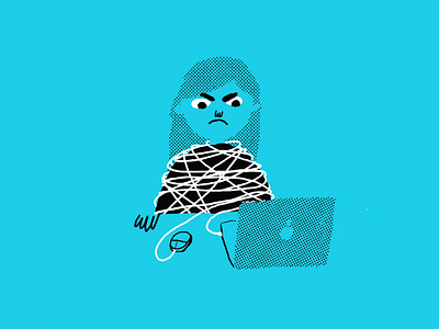 Tied up with work! angry computer digital drawing editorial halftone illustration ink laptop line simple tangled texture tied up two color work