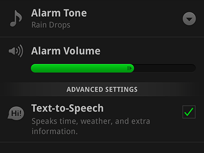 Alarm Settings android checkbox dropdown knob menu settings slider ui