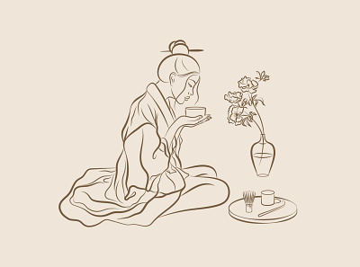 Brand Illustration - Maiko Matcha bowl branding character design drinking tea female femenine florals flower icon illustration illustrator japanese kimono lady logo design matcha plant vector woman