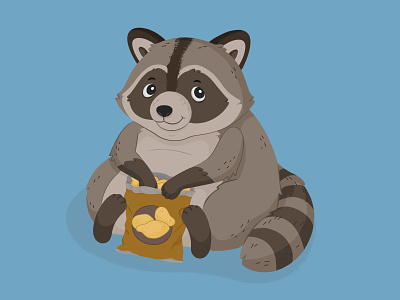 Raccoon character cute illustration eating chips fat raccoon funny raccoon illustration raccoon character vector