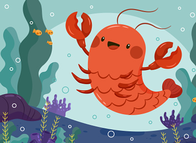 Happy Crawfish Illustration crawfish fish kawaii sea animal sea illustration under the sea