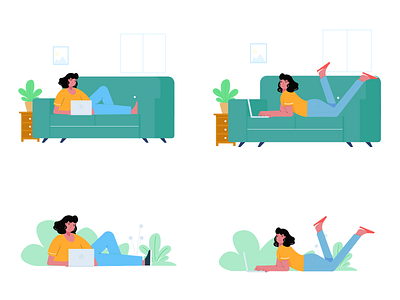 Work From Home character couch design girl illustration indoor laptop outdoor ui vector wfh woman work working