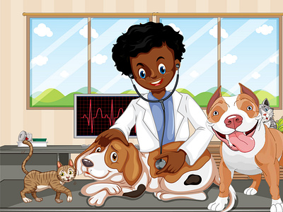 African American Kid Veterinary Doctor And Pets Illustration