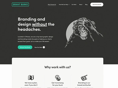 Grant Burke Website black and white chimpanzee freelance designer hand drawn header illustration hero image modern portfolio web design website illustration