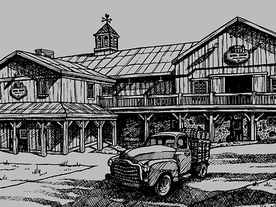 Barn Ink Drawing barn brewery cross hatch drawing pen and ink pickup truck retro sketch vintage