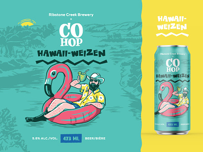 Hawaii-Weizen Beer Label beer can beer label brewery cowboy flamingo flowers hawaii illustration river