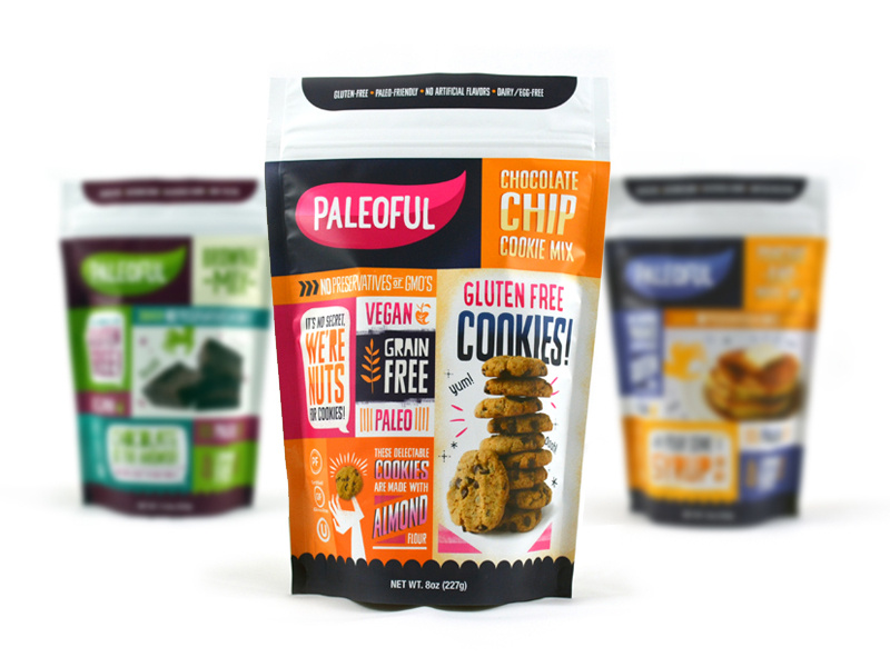 Paleoful Packaging series product line branding pink orange vegan cookies bag food product paleoful packaging package design