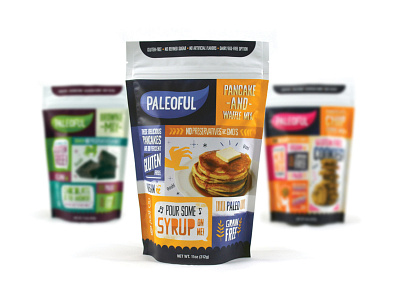 Paleoful Pancake Mix bag blue branding food product package design packaging paleoful pancakes product line series vegan yellow