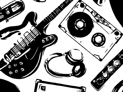 Guitar Detail apparel clothing guitar hand drawn headphones illustration instruments microphone shirt t shirt tape
