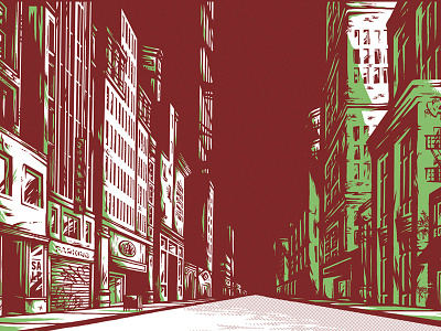 City Street buildings cityscape green illustration pen and ink screen print serigraph shading street