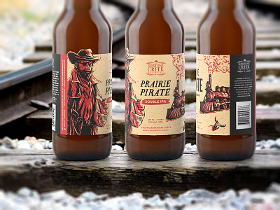 Prairie Pirate IPA beer label bottle cowboy craft beer hand drawn pirate prairie steam train vintage western