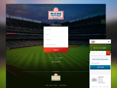 Micro Fantasy Baseball Site baseball discovery event fantasy sports landing responsive sports ui ux web web design white label