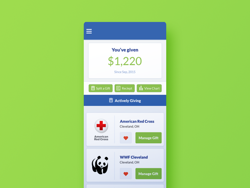 GiveNext Account Page responsive web charities charity gift donate give cards page account ui ux