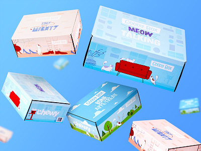 Floating Boxes blur boxes cat dog falling floating fun illustration packaging party pet product