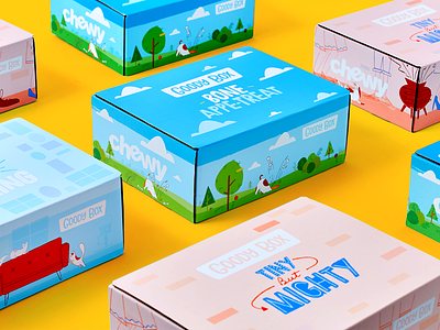 Goody Box boxes cat chewy colorful dog fun illustration isometric packaging party pet product