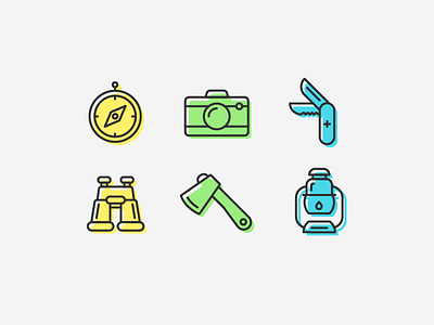 Camping Icons binoculars camera camping compass hatchet icon icons illustration knife lantern line vector