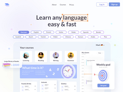 Language learning landing page 3d 3d art books branding c4d cinema 4d clean clock design figma goal landing page language learning octane render ui ux website