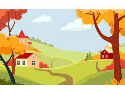 Autumn landscape with village and colorful trees. autum illustration landscape vector