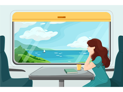 Vector illustration. The girl travels in the train.