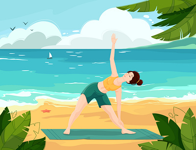 A woman practices yoga on the sea beach cartoony illustration landscape nature sea seascape summer vector yoga