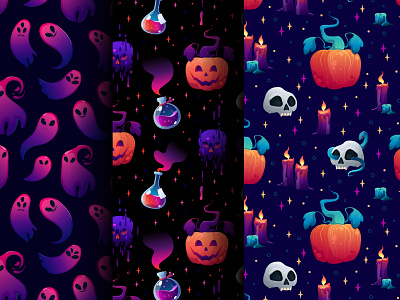 Set of Halloween seamless patterns alchemy candles cartoony crow design ghost gothic graphic design halloween illustration magical pattern poison potion pumpkins scull seamless snake stars vector
