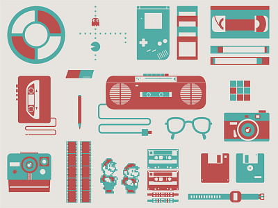 The 80s 80s floppy discs gameboy icon illustration luigi mario pacman polaroid simon says vhs walkman