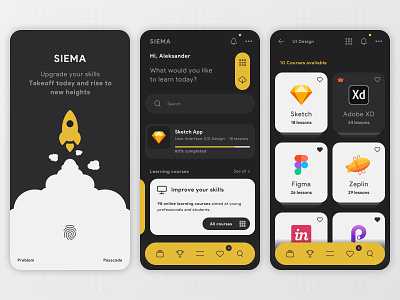SIEMA - Educational Mobile App android app app design bahur78 courses dark mode dashboad education educational flat home page ios learn learning login page minimal ui uiux user interface ux