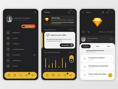 SIEMA - Educational Mobile App adobe xd android app app designers bahur78 chart dark mode dashboad education educational ios learning learning app menu minimal product design product page stats ui ux