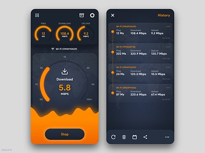 Internet Speed Test - Mobile App android app app bahur78 chart dark ui dashboad data figma glass glassmorphism gradient internet ios app opacity piechart speedometer ui ui design ux uxui