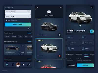 Car Trading - Mobile App android app design auto car dark ui figma ios mobile mobile ui ui ui design user interface ux vehicle
