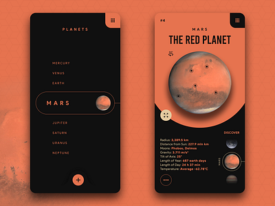 Solar System Guide App - Concept app app concept app design bahur78 dark app dark ui educational flat design interface design mars mars app monochrome planet planet mars solar system ui ui design user center design user interface userinterface